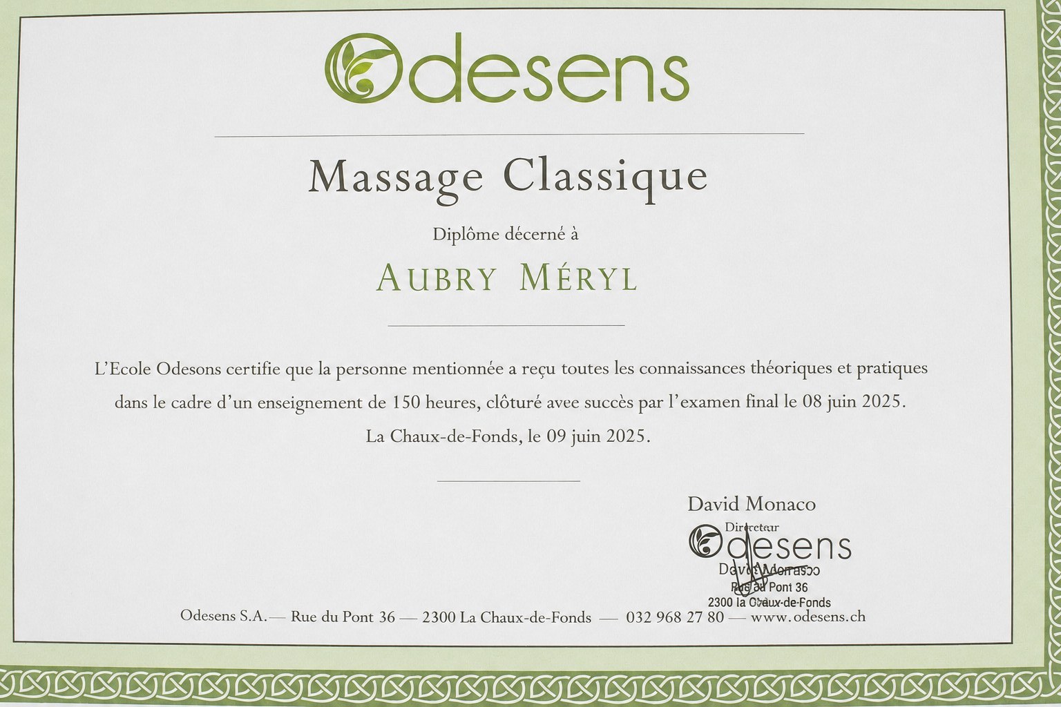 Diplôme Odesens — Massage classique Diplôme Odesens — Massage classique